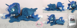 Size: 2560x925 | Tagged: safe, artist:dixierarity, princess luna, alicorn, pony, g4, for sale, glittery tulle, instax, irl, lying down, multiple views, photo, plushie, prone, rihnestones, spread wings, wings