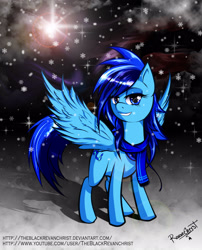 Size: 2418x3000 | Tagged: safe, artist:theblackrevanchrist, oc, oc only, pegasus, pony, clothes, female, high res, mare, scarf, smiling, snow, snowfall, solo, wings
