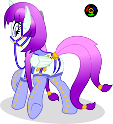 Size: 2536x2763 | Tagged: safe, artist:kyoshyu, oc, oc only, oc:life spark, alicorn, pony, alicorn oc, blushing, bridle, butt, clothes, female, garters, harness, high res, horn, jewelry, looking back, mare, plot, raised hoof, rear view, reins, ring, saddle, simple background, socks, solo, tack, tail, tail hole, tail ring, transparent background, underhoof, wavy mouth, wings
