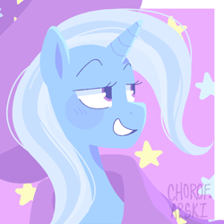 Size: 2000x2000 | Tagged: safe, artist:dartoons, trixie, pony, unicorn, g4, bust, female, grin, high res, horn, lineless, mare, portrait, smiling, solo