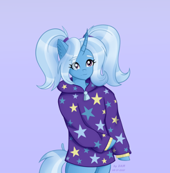 Size: 3200x3255 | Tagged: safe, artist:dextromethorphan2020, trixie, unicorn, anthro, g4, alternate hairstyle, babysitter trixie, clothes, cute, diatrixes, ear fluff, eye clipping through hair, female, high res, hoodie, pigtails, simple background, solo