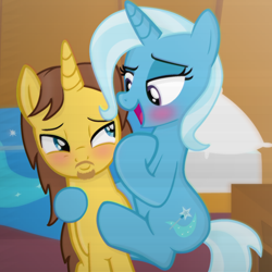 Size: 1200x1200 | Tagged: safe, artist:grapefruitface1, trixie, oc, oc:grapefruit face, pony, unicorn, aesthetics, base used, bedroom eyes, blushing, canon x oc, clinging, female, grapexie, hoof on chest, hug, looking at each other, male, scan lines, shipping, show accurate, straight, vaporwave