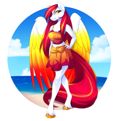 Size: 3000x3000 | Tagged: safe, artist:scarlet-spectrum, oc, oc only, oc:diamond sun, pegasus, anthro, unguligrade anthro, amazon, beach, breasts, clothes, colored wings, commission, female, hand on hip, high res, large wings, long hair, long mane, long tail, looking at you, mare, midriff, multicolored wings, sarong, simple background, sky, solo, transparent background, unshorn fetlocks, water, wings