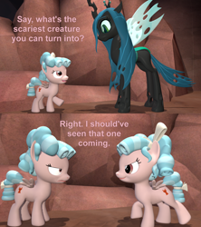 Size: 1920x2160 | Tagged: safe, artist:red4567, cozy glow, queen chrysalis, changeling, changeling queen, pegasus, pony, g4, 3d, comic, cozy glow is not amused, fake cozy glow, female, open mouth, rhetorical question, source filmmaker, unamused