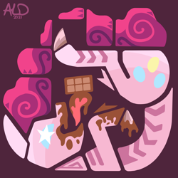 Size: 3500x3500 | Tagged: safe, artist:aaron lewis davidson, pinkie pie, g4, chocolate, eating, food, high res, messy eating, minimalist, modern art, monster hunter, monster hunter world