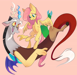 Size: 4204x4068 | Tagged: safe, artist:dymitre, discord, fluttershy, draconequus, pegasus, pony, g4, absurd resolution, beanbrows, cute, eye contact, eyebrows, female, floppy ears, heart, hooves to the chest, looking at each other, male, mare, missing cutie mark, pink background, ship:discoshy, shipping, simple background, smiling, spread wings, straight, wings