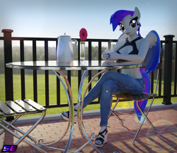 Size: 3840x3320 | Tagged: safe, artist:shadowboltsfm, oc, oc:inkwell stylus, pegasus, anthro, plantigrade anthro, 3d, adorasexy, belly button, blender, boob window, breasts, cleavage, clothes, cottagecore, crossed legs, cute, eyelashes, feet, high heels, high res, jeans, lens flare, lipstick, looking at you, nail polish, open-toed shoes, pants, sexy, shoes, sitting, smiling, sports bra, toenail polish, wedge heel