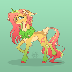 Size: 2000x2000 | Tagged: safe, artist:alzmariowolfe, fluttershy, pony, unicorn, g4, alternate design, cheek fluff, colored ears, colored eartips, colored hooves, deer tail, ear tufts, elbow fluff, female, floppy ears, flower, flower in hair, flower in tail, gradient background, high res, hoof fluff, looking at you, mare, pale belly, raised hoof, raised leg, solo, standing, three quarter view, two toned mane, two toned tail, unicorn fluttershy, wreath