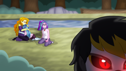 Size: 1280x720 | Tagged: safe, artist:faith-wolff, adagio dazzle, aria blaze, sonata dusk, equestria girls, g4, barefoot, converse, cousins, crying, disguise, disguised siren, feet, female, godzilla (series), hug, kaizer ghidorah, loose hair, monster x, ponytail, river, shoes, siblings, sisters, the dazzlings