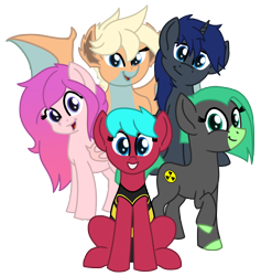 Size: 5142x5425 | Tagged: safe, artist:candy bat, artist:oc:windsweeper, artist:yugtra, oc, oc only, oc:lodestone, oc:luscious desire, oc:pink candy bat, oc:star fall, oc:toxcity, oc:windsweeper, bat pony, changeling, dragon, earth pony, pony, unicorn, 2021 community collab, derpibooru community collaboration, clothes, group photo, group shot, long mane, looking at you, one-piece swimsuit, pose, short mane, simple background, smiling, spread wings, swimsuit, transparent background, wings