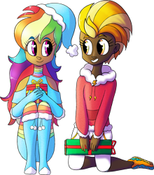 Size: 1838x2087 | Tagged: safe, artist:northernlightsone, lightning dust, rainbow dash, human, g4, alternate hairstyle, boots, christmas, clothes, coat, commission, dark skin, duo, evening gloves, female, gloves, grin, hat, holiday, hoodie, humanized, long gloves, looking at each other, present, rainbow socks, santa hat, shoes, shorts, simple background, smiling, sneakers, socks, stockings, striped socks, thigh highs, transparent background