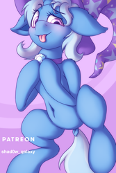 Size: 750x1125 | Tagged: safe, artist:shad0w-galaxy, trixie, pony, unicorn, g4, belly button, blushing, dock, female, hat, lying down, mare, patreon, simple background, solo, tongue out