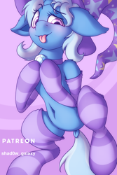 Size: 750x1125 | Tagged: safe, artist:shad0w-galaxy, trixie, pony, unicorn, g4, belly button, blushing, clothes, dock, female, hat, lying down, mare, patreon, simple background, socks, solo, stockings, striped socks, thigh highs, tongue out