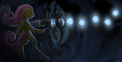 Size: 1600x810 | Tagged: safe, artist:vladimir-olegovych, fluttershy, pegasus, pony, g4, bipedal, crossover, doom, doom eternal, female, firing, floppy ears, glowing, holding, hoof hold, mare, open mouth, plasma gun, plasma rifle, profile, smiling, solo, standing, weapon, wings
