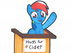 Size: 2997x2179 | Tagged: safe, artist:magicnova, derpibooru exclusive, rainbow dash, pegasus, pony, g4, bronybait, cute, dashabetes, female, high res, hugs?, looking at you, mare, sign, simple background, solo, stand, that pony sure does love cider, traditional art