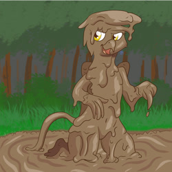 Size: 1280x1280 | Tagged: safe, artist:pzkratzer, gilda, griffon, semi-anthro, g4, belly button, bipedal, covered in mud, cute, dripping, female, looking at you, mud, mud bath, open mouth, solo, swamp, wet and messy