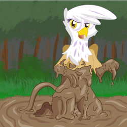 Size: 1280x1280 | Tagged: safe, alternate version, artist:pzkratzer, gilda, griffon, semi-anthro, g4, belly button, bipedal, covered in mud, cute, dripping, female, looking at you, mud, mud bath, open mouth, solo, swamp, wet and messy