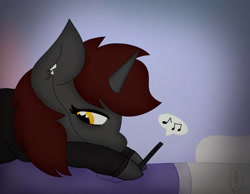 Size: 2058x1595 | Tagged: safe, artist:embermare, artist:emberstoneeqf, oc, oc only, oc:ember stone, pony, unicorn, bed, earbuds, music, phone, sad, simple background, solo