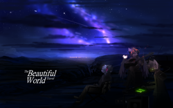 Size: 2560x1600 | Tagged: safe, artist:ssnerdy, oc, oc only, anthro, guitar, headphones, musical instrument, night, scenery, stars, trio