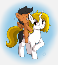 Size: 1732x1944 | Tagged: safe, artist:heretichesh, oc, oc:collider flarespark, oc:jack knife, pegasus, pony, unicorn, blushing, colt, eyeshadow, family, female, grin, happy, makeup, male, mare, mother and child, mother and son, ponies riding ponies, riding, smiling