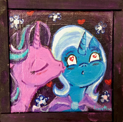 Size: 1024x1020 | Tagged: safe, artist:colorsceempainting, starlight glimmer, trixie, pony, unicorn, g4, cheek kiss, duo, eyes closed, female, heart, kissing, lesbian, mare, ship:startrix, shipping