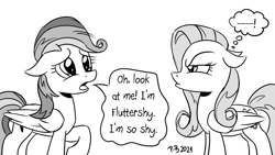 Size: 1200x675 | Tagged: safe, artist:pony-berserker, fluttershy, rainbow dash, pegasus, pony, pony-berserker's twitter sketches, g4, alternate hairstyle, care mare, dialogue, duo, female, floppy ears, fluttershy is not amused, halftone, impersonating, mare, mocking, monochrome, peeved, rainbow douche, seems legit, this will not end well, unamused