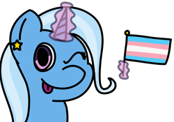 Size: 1013x710 | Tagged: safe, artist:melodysketch, trixie, pony, unicorn, g4, ear piercing, earring, female, gender headcanon, headcanon, jewelry, lgbt headcanon, magic, mlem, one eye closed, piercing, pride, pride flag, silly, simple background, solo, tongue out, trans female, trans trixie, transgender, transgender pride flag, transparent background, wink