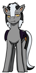 Size: 596x1200 | Tagged: safe, artist:warskunk, oc, oc only, oc:warskunk, bat pony, pony, 2021 community collab, derpibooru community collaboration, bat pony oc, bat wings, fangs, folded wings, lidded eyes, looking at you, male, simple background, solo, stallion, transparent background, wings