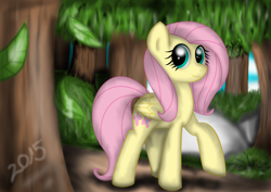 Size: 1754x1240 | Tagged: safe, artist:amgiwolf, fluttershy, pegasus, pony, g4, eyelashes, female, folded wings, forest, looking at you, mare, outdoors, raised hoof, signature, smiling, solo, tree, wings