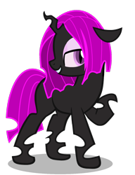 Size: 946x1230 | Tagged: safe, artist:amgiwolf, oc, oc only, oc:pinky rose, changeling queen, pony, bedroom eyes, changeling queen oc, grin, looking back, makeup, purple changeling, raised hoof, simple background, smiling, solo, transparent background