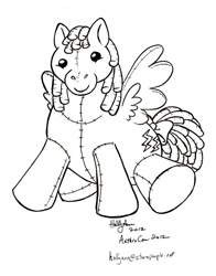 Size: 1002x1280 | Tagged: safe, artist:hollyann, firefly, pegasus, pony, g1, female, lineart, mare, monochrome, plushie, signature, sitting, solo, traditional art