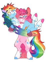 Size: 900x1222 | Tagged: safe, artist:wanderingpegasus, pinkie pie, rainbow dash, earth pony, pegasus, pony, g4, alternate hairstyle, bipedal, blushing, bridal carry, carrying, chest fluff, confused, ear fluff, female, freckles, grin, hug, leg fluff, lesbian, mare, markings, one eye closed, raised hoof, redesign, redraw, ship:pinkiedash, shipping, simple background, smiling, transparent background, unshorn fetlocks, wink