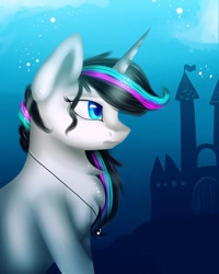 Size: 1080x1350 | Tagged: safe, artist:rxndxm.artist, oc, oc only, oc:shooting star, pony, unicorn, bust, castle, chest fluff, female, horn, jewelry, mare, necklace, outdoors, palindrome get, solo, unicorn oc