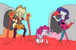 Size: 1708x1124 | Tagged: safe, artist:bugssonicx, applejack, pinkie pie, rarity, human, equestria girls, g4, female, makeup, running makeup, sticky, sticky situation, stuck, taffy