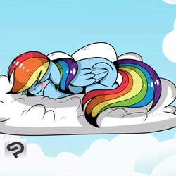 Size: 1080x1080 | Tagged: safe, artist:princessesmeraldaofficial, rainbow dash, pegasus, pony, g4, blushing, cloud, eyes closed, female, mare, on a cloud, outdoors, signature, sleeping, solo