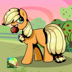Size: 1080x1080 | Tagged: safe, artist:princessesmeraldaofficial, applejack, earth pony, pony, g4, apple, apple tree, eyelashes, female, food, mare, mouth hold, outdoors, signature, solo, tree