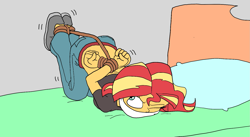 Size: 1593x872 | Tagged: safe, artist:bugssonicx, sunset shimmer, human, equestria girls, g4, bed, bondage, cloth gag, clothes, female, gag, hogtied, lying down, on bed, one eye closed, prone, rope, rope bondage, subset, tied up