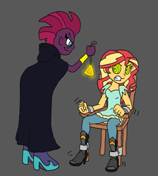 Size: 969x1080 | Tagged: safe, artist:bugssonicx, sunset shimmer, tempest shadow, human, equestria girls, g4, amulet, fanfic art, female, gritted teeth, hypnosis, jewelry, kaa eyes, tied to chair