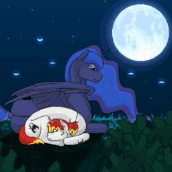 Size: 400x400 | Tagged: safe, artist:imreer, princess luna, oc, alicorn, firefly (insect), insect, pony, unicorn, g4, animated, blinking, commission, duo, ethereal mane, female, full moon, gif, horn, lying down, mare, moon, night, outdoors, pixel art, prone, starry mane, stars, unicorn oc, ych result