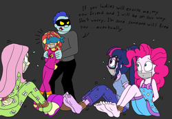 Size: 2400x1664 | Tagged: safe, artist:bugssonicx, fluttershy, pinkie pie, sci-twi, sunset shimmer, twilight sparkle, human, equestria girls, g4, ass, barefoot, blindfold, bondage, breasts, butt, clothes, crying, feet, female, femsub, fluttersub, gag, help us, kidnapped, nightgown, pajamas, pinkiesub, sleepover, slumber party, subset, tape, tape gag, tied up, twisub