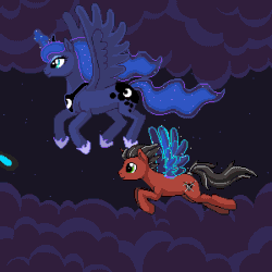 Size: 300x300 | Tagged: safe, artist:imreer, princess luna, oc, alicorn, earth pony, pony, g4, animated, artificial wings, augmented, clothes, cloud, commission, duo, ethereal mane, female, flowing hair, flowing mane, flowing tail, flying, gif, glowing horn, glowing scarf, hoof shoes, horn, magic, magic wings, male, mare, peytral, pixel art, scarf, stallion, starry mane, wings, ych result