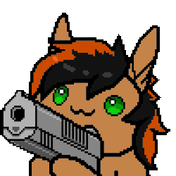 Size: 300x300 | Tagged: safe, artist:imreer, oc, oc only, earth pony, pony, animated, bust, commission, earth pony oc, gif, gun, handgun, hoof hold, owo, pistol, pixel art, shooting, simple background, smiling, solo, transparent background, weapon, ych result