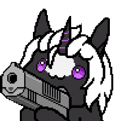 Size: 300x300 | Tagged: safe, artist:imreer, oc, oc only, oc:s.leech, pony, unicorn, animated, bust, commission, gif, gun, handgun, hoof hold, horn, owo, pistol, pixel art, shooting, simple background, smiling, solo, transparent background, unicorn oc, weapon, ych result