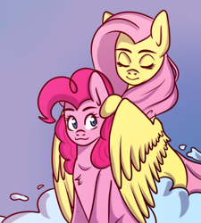 Size: 4500x5000 | Tagged: safe, artist:ranillopa, fluttershy, pinkie pie, earth pony, pegasus, pony, g4, absurd resolution, chest fluff, cloud, duo, eyes closed, female, hug, hug from behind, looking at you, mare, sitting, smiling, three quarter view, winghug