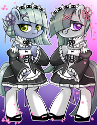 Size: 2550x3300 | Tagged: safe, artist:techycutie, limestone pie, marble pie, earth pony, pony, g4, bipedal, clothes, cosplay, costume, female, flower petals, gradient background, headband, high res, looking at you, maid, maid headdress, pie sisters, pouting, ram (re:zero), re:life in a different world from zero, re:zero, rem, rem and ram, siblings, sisters, socks