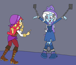 Size: 1683x1446 | Tagged: safe, artist:bugssonicx, sunset shimmer, trixie, human, equestria girls, g4, ankle chain, bondage, clothes, female, key, pirate, shackles, shhh, skirt