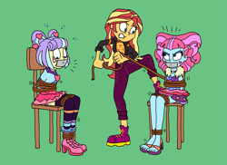 Size: 2529x1837 | Tagged: safe, artist:bugssonicx, kiwi lollipop, sunset shimmer, supernova zap, human, equestria girls, equestria girls series, g4, sunset's backstage pass!, spoiler:eqg series (season 2), abuse, bondage, bound and gagged, clothes, duct tape, female, femsub, gag, help us, high heels, k-lo, kiwisub, novasub, postcrush, rope, rope bondage, sandals, shoes, skirt, su-z, submissive, tape, tape gag, tied to chair, tied up, tying