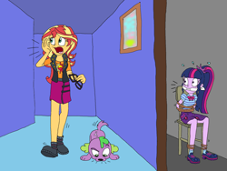 Size: 1718x1289 | Tagged: safe, artist:bugssonicx, sci-twi, spike, spike the regular dog, sunset shimmer, twilight sparkle, dog, human, equestria girls, g4, bondage, bound and gagged, calling, cleave gag, clothes, female, gag, glasses, missing accessory, open mouth, rope, rope bondage, searching, skirt, sniffing, tied to chair, trio