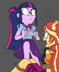 Size: 1006x1225 | Tagged: safe, artist:bugssonicx, sci-twi, sunset shimmer, twilight sparkle, human, equestria girls, g4, my little pony equestria girls: better together, abuse, bondage, clothes, crying, duct tape, duo, female, gagging, glowing eyes, open mouth, possessed, rope, rope bondage, shimmerbuse, skirt, tape, tears of fear, teary eyes, tied up, white eyes