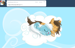 Size: 1280x824 | Tagged: safe, artist:ask-fleetfoot, fleetfoot, oc, oc:firenze, pegasus, pony, g4, ask-fleetfoot, blue coat, blue mane, blue tail, cloud, female, green eyes, lying down, male, mare, prone, show accurate, sleeping, solo, stallion, tail, two toned mane, white mane, white tail, wings